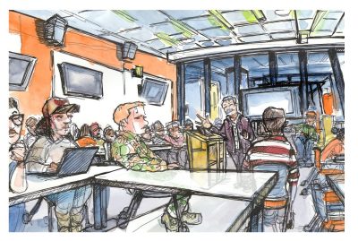 Ink and watercolor sketch of guest lecturer in the Resource Engineering Seminar inside the newly renovated Holden Hall