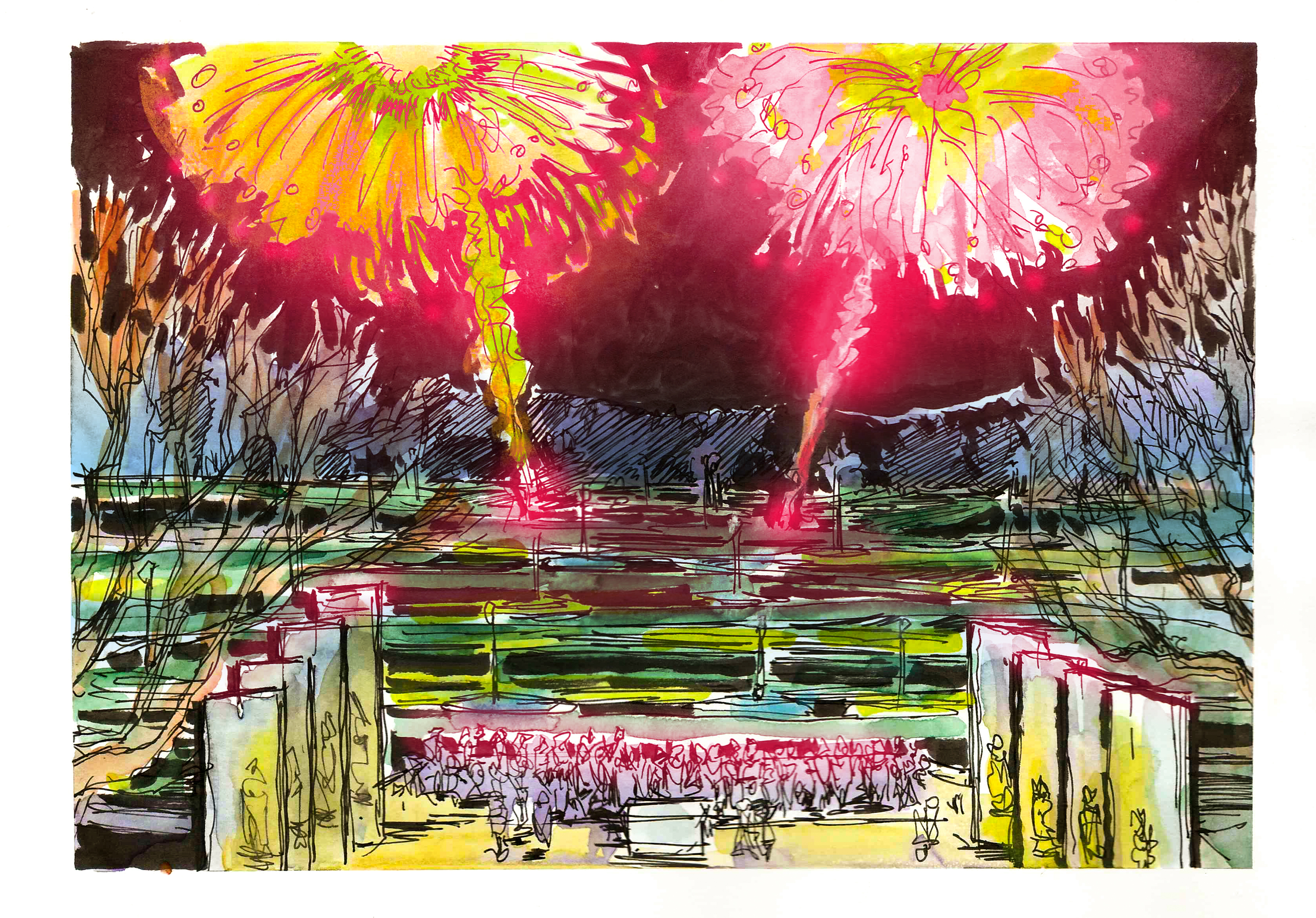 Ink and watercolor sketch of the Drillfield with Fireworks