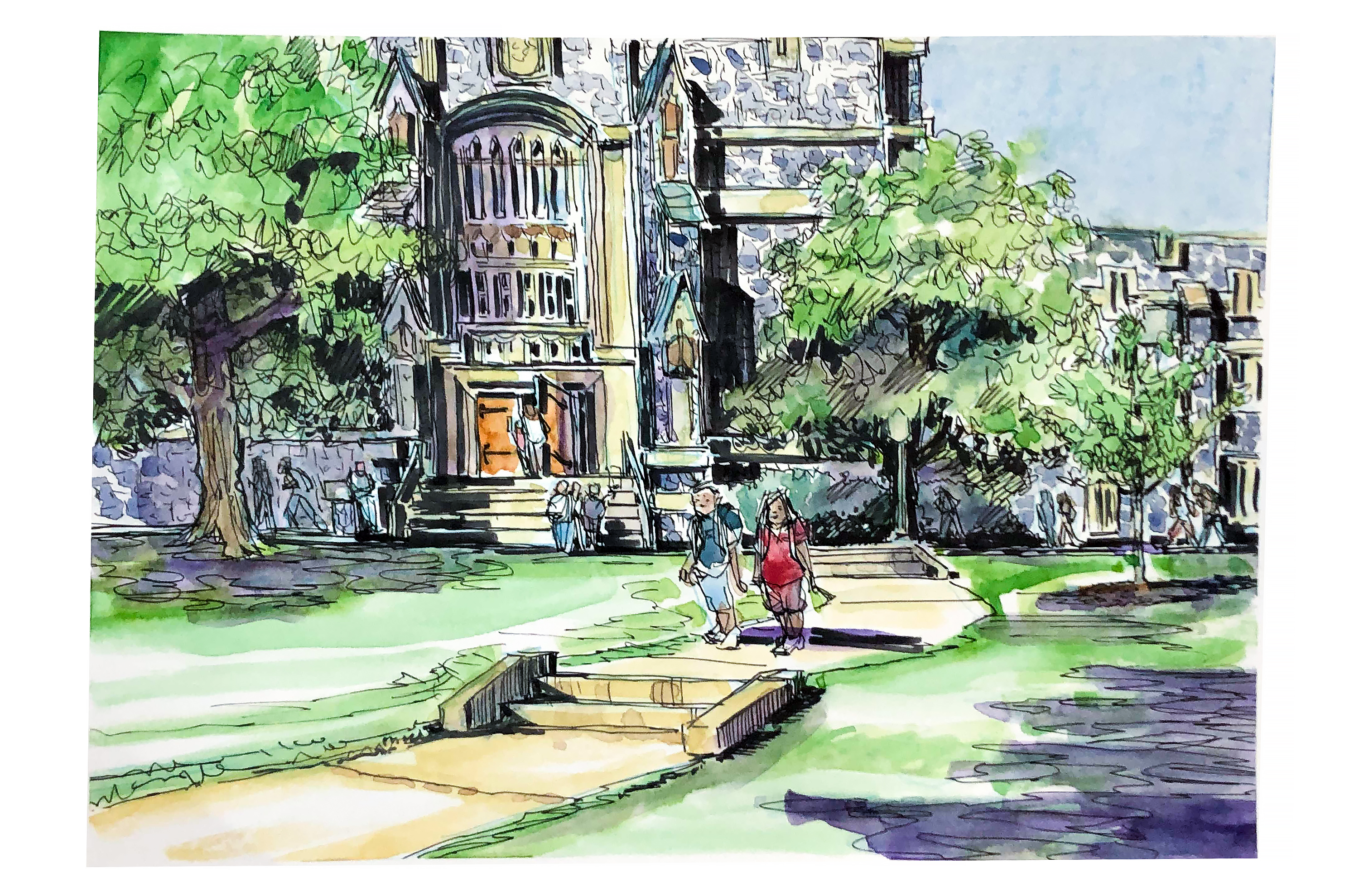 Ink and watercolor sketch of two students on the sidewalk in front of Robeson Hall