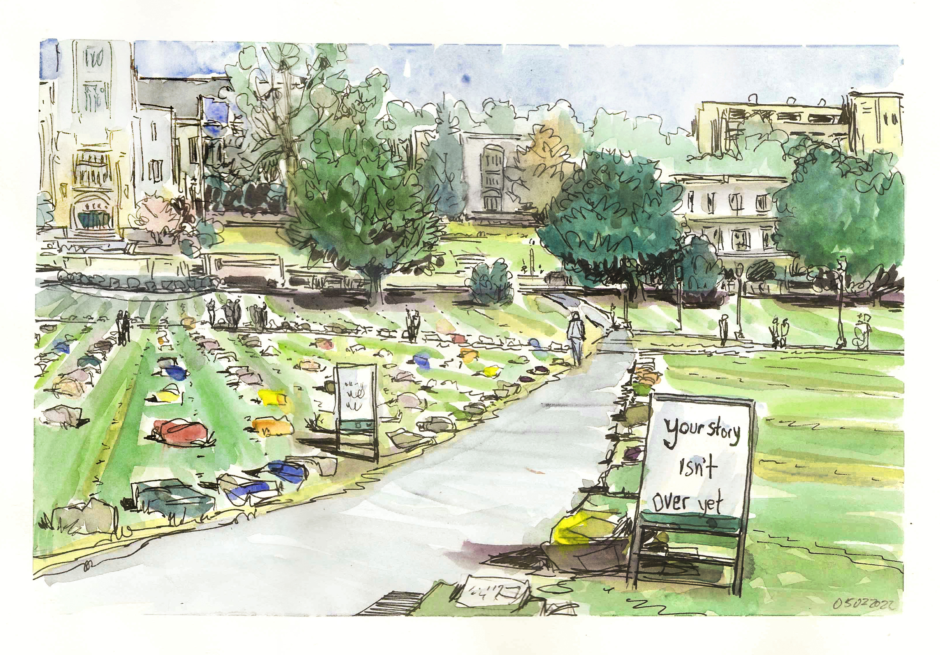 Ink and watercolor sketch of 1,000 backpacks on the Drillfield as part of the exhibit "Send Silence Packing" by Virginia Tech Active Minds