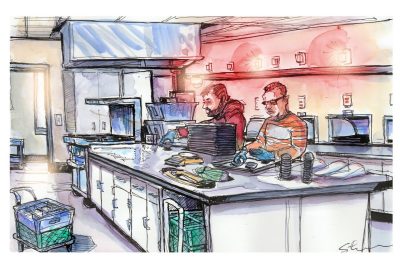 Ink and watercolor sketch of the sensory lab; researchers are conducting teaste tests on flammin hot snack foods