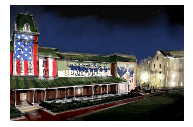 Digital sketch from a pen and ink sketch of Lane Hall at night with a projected movie. The projection is of saluting cadets and an American flag on the sides of Lane. 