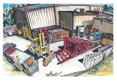Ink and gouache sketch of the Virgini Tech shock tube and structures lab 