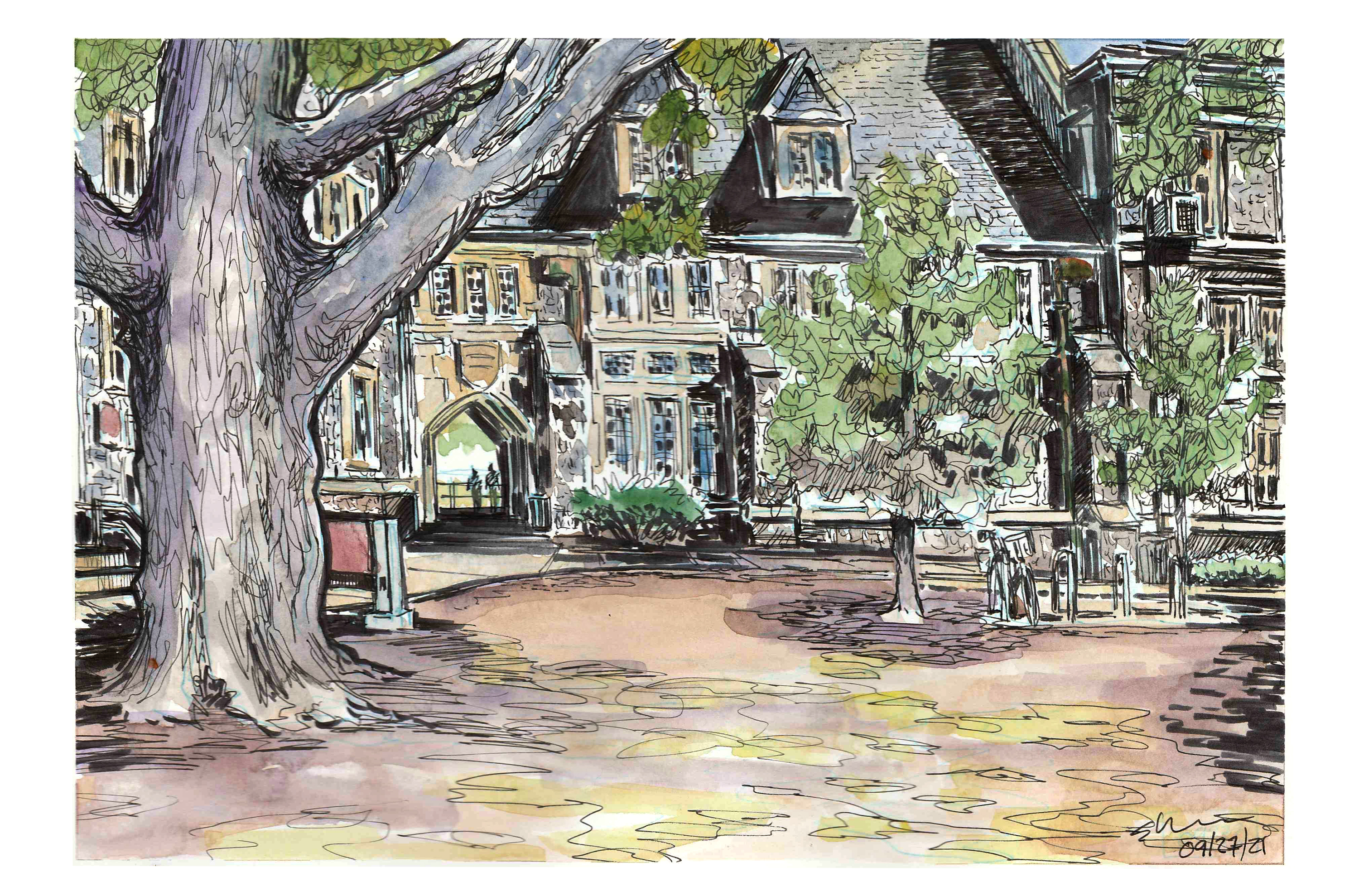 Ink and watercolor sketch of Smyth Hall from the Ag Quad; view shows two people silhouetted in the Smyth Tunnel