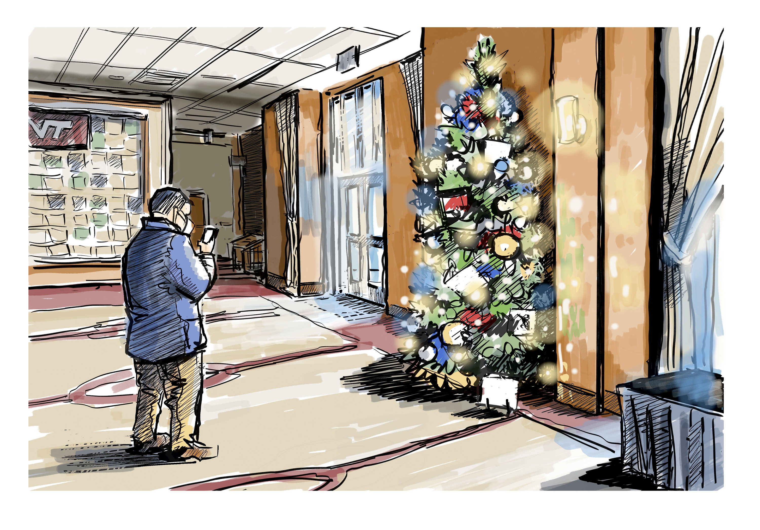 Digital sketch of a man taking a picture of a lit tree inside the Inn at Virginia Tech