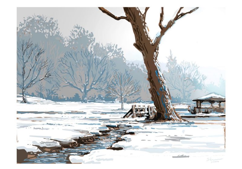Digital sketch of Stroubles Creek with snow on the ground and trees