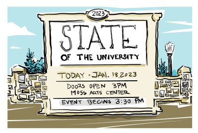 Digital sketch of a giant sign that says State of the University is today at 3:30 pm
