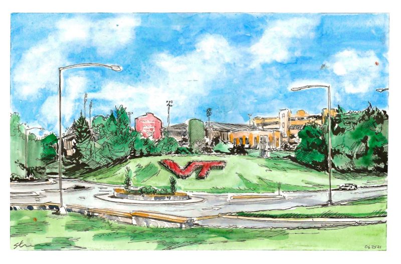 Sketch in ink and watercolor of the VT hedge on Southgate