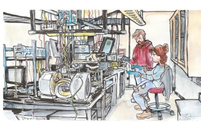 Ink and watercolor sketch of the Virginia Tech spintronic lab in ICTAS II