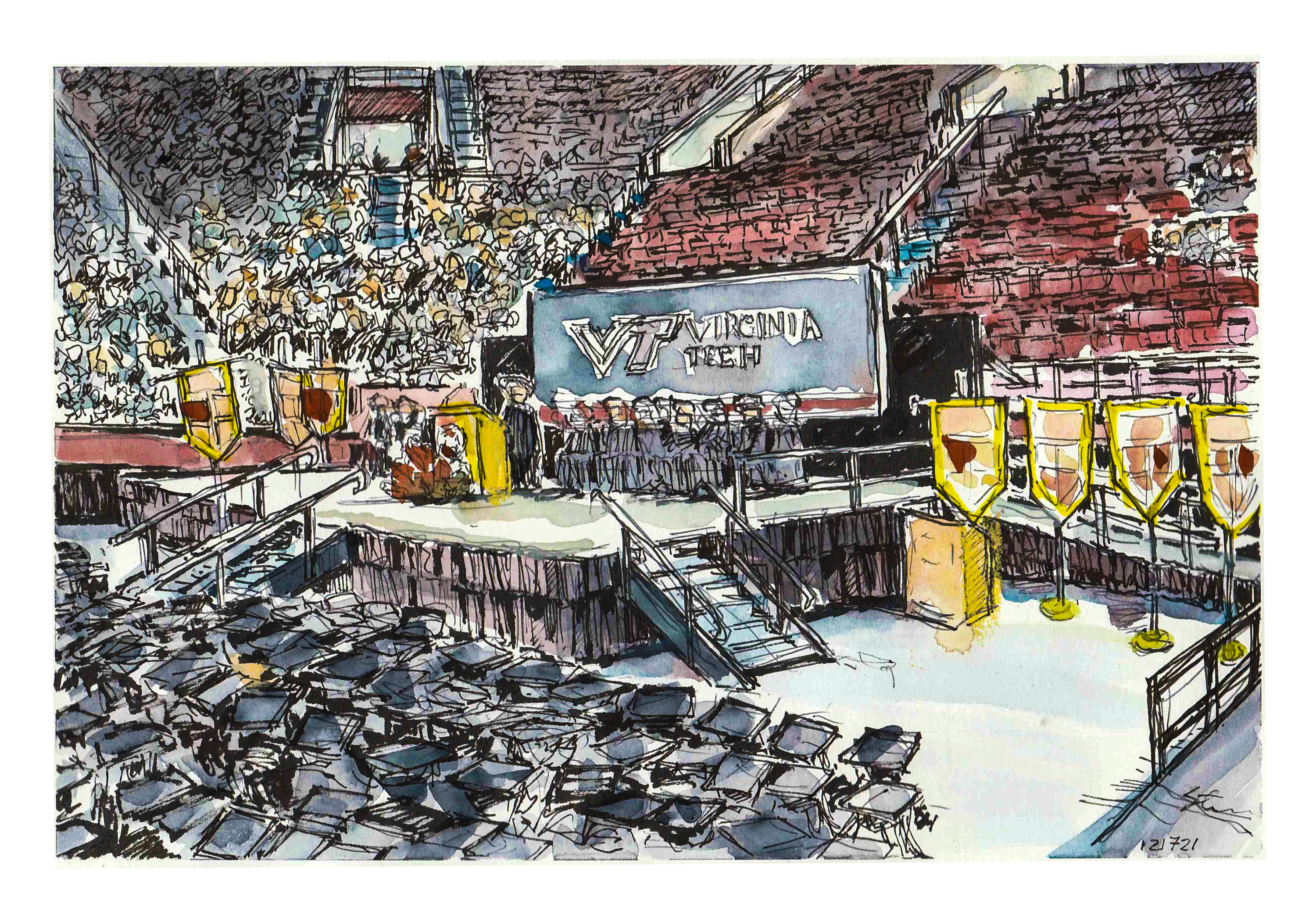 Ink and watercolor sketch of 2021 Fall Commencement