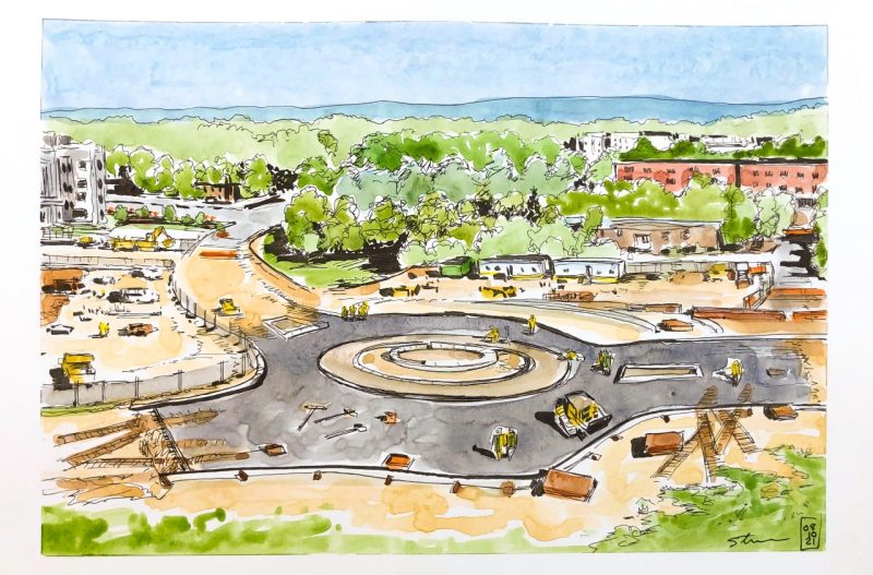 Sketch showing a view from the third story of Durham Hall of the new traffic circle at the corner of Perry Street and Stanger