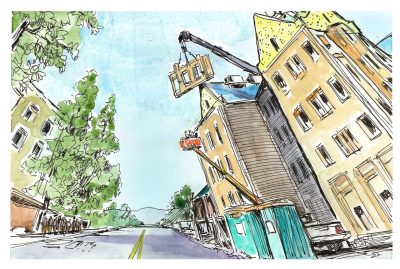 Ink and watercolor of construction of new Corps Residence Hall along Stanger Street
