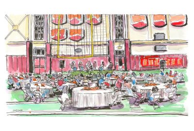 Ink and watercolor sketch of the Thrive Rookie Training Camp for student athletes inside the indoor practice facility