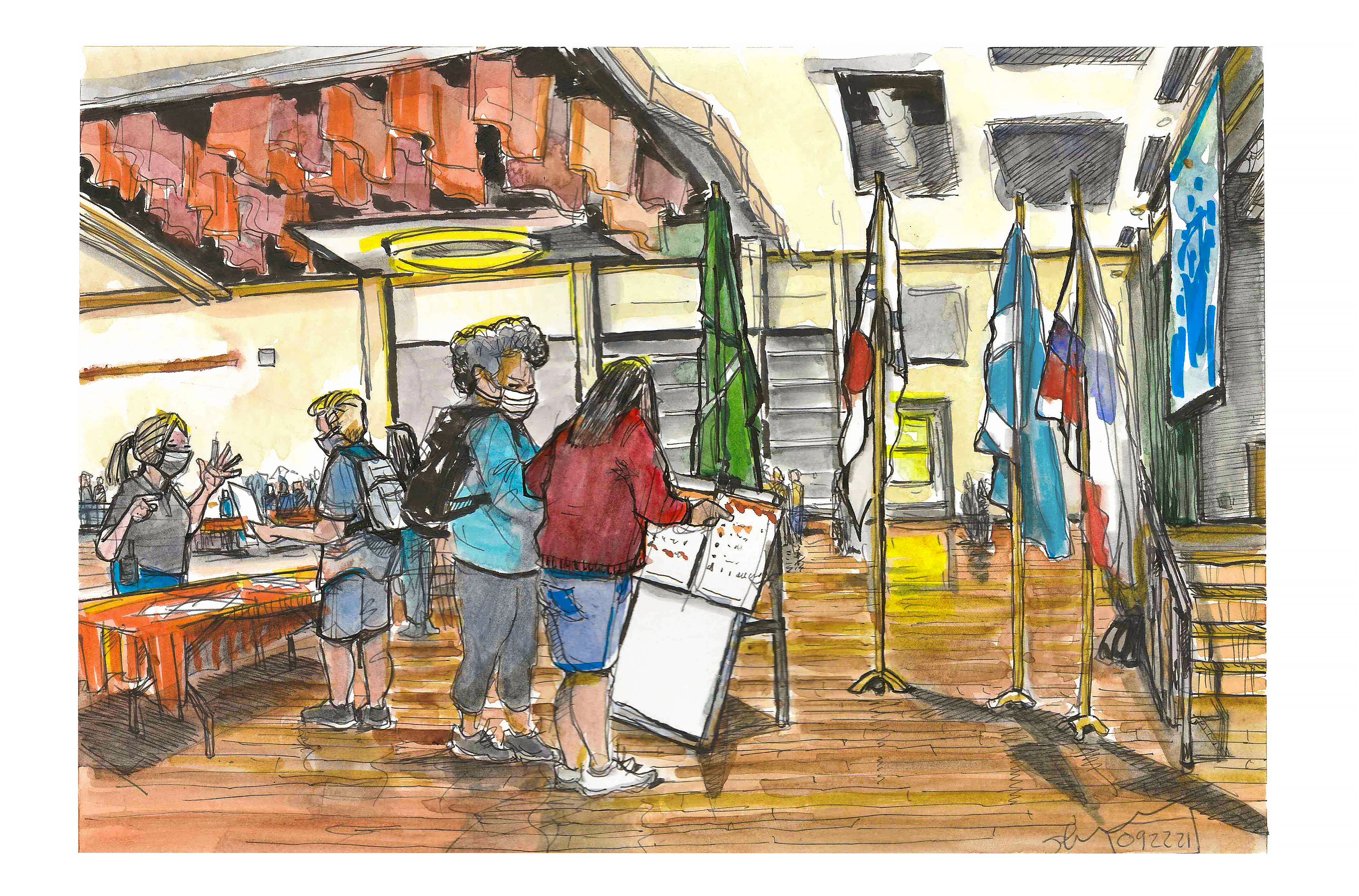 Ink and watercolor sketch of students reviewing information on a sandwich board index of tables inside the Commonwealth Ballroom for the Study Abroad Fall Fair