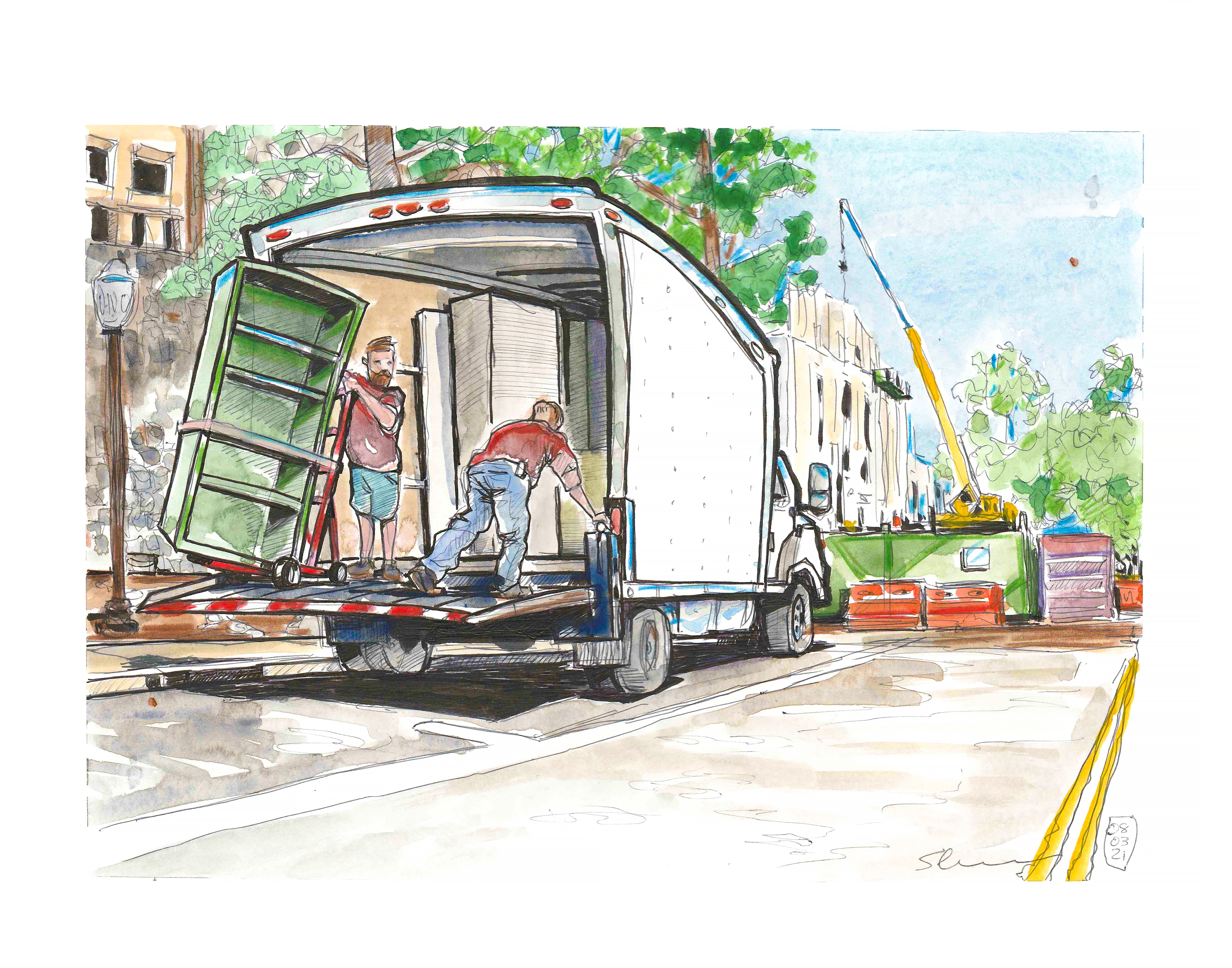 Illustration of two men moving metal shelves onto a truck