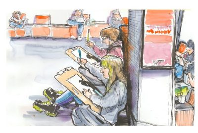 Ink and watercolor sketch of two students taking measurements for their sketches