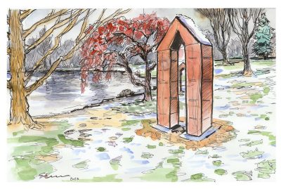 Ink and watercolor sketch of 'Thresholds' at the Duck Pond with a light dusting of snow that happened on March 12