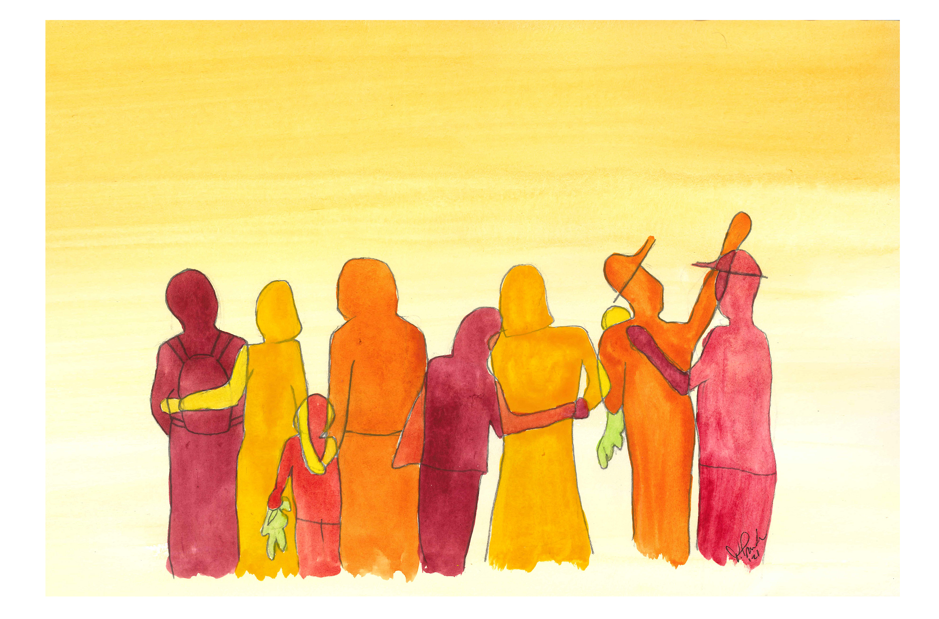 Illustation in ink and watercolor of people hugging and embracing