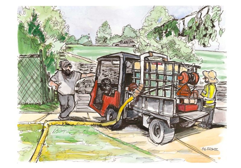Ink and watercolor sketch of employees filling a water tank on the back of a work utility vehicle 