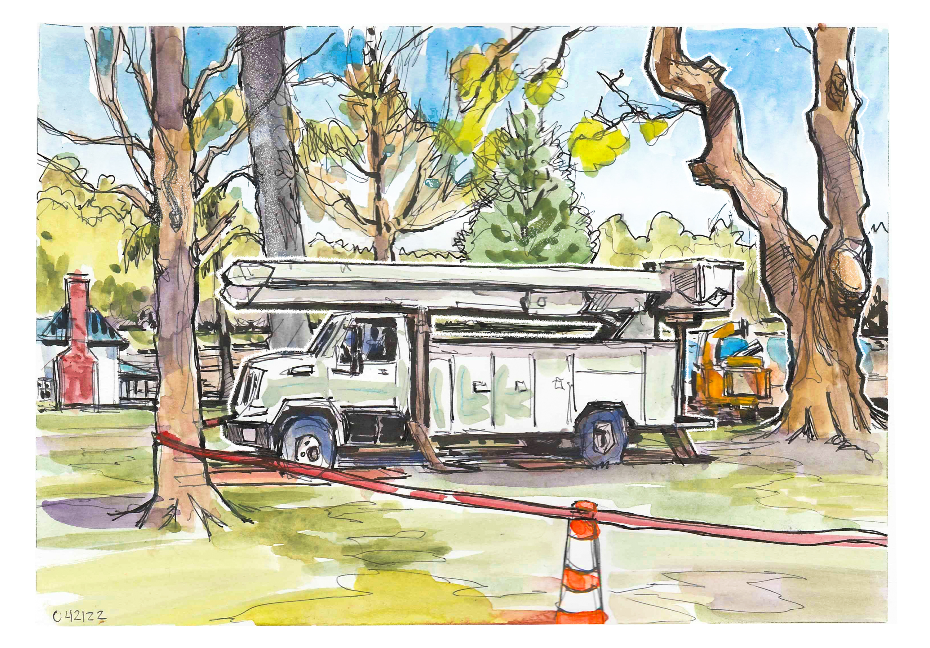 Ink and gouache sketch of a buckettruck and Solitude and a tree with the limbs being removed