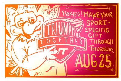 Digital sketch of the HokieBird holding the Triumph Together campaign sheild
