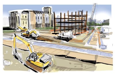 Digital sketch of the Undergraduate Science Laboratory Building construction site