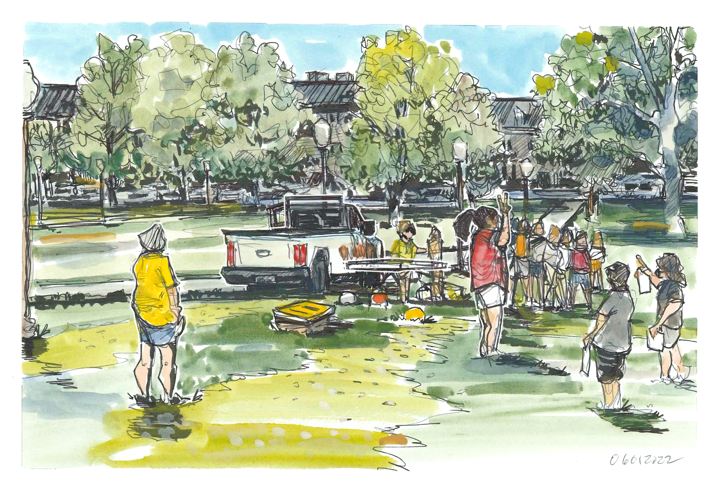 Ink and watercolor sketch of venture out group doing an icebreaker exercise on the Drillfield