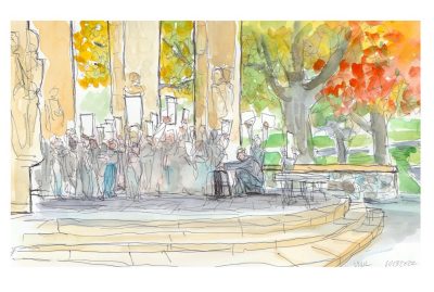 Ink and watercolor sketch of the Vigil for Iran by the Iranian Society at Virginia Tech