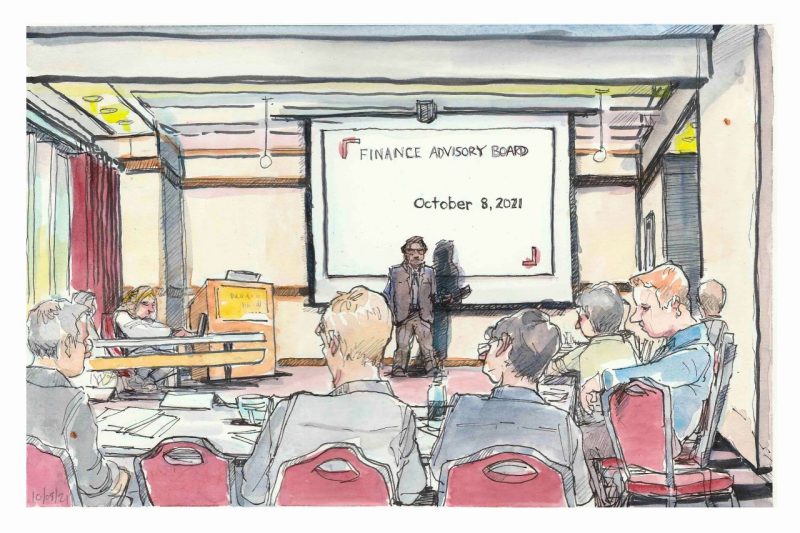 ink and watercolor sketch of Vijay Singal giving a presentation to the Finance Advisory Board. Several people are in the foreground, seated at a "u" shaped table. The setting is a conference room with a window on the left side of the sketch and a door in the distance on the right. The presentation on a screen behind Vijay Singal reads 'Finance Advisory Board, October 8, 2021'