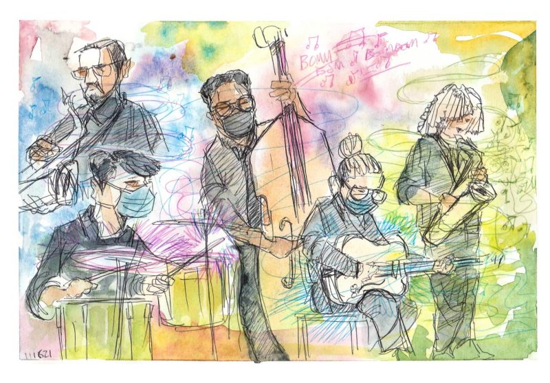 ink and watercolor sketch of musicians playing jazz at the recent jazz ensemble concert in the Lyric