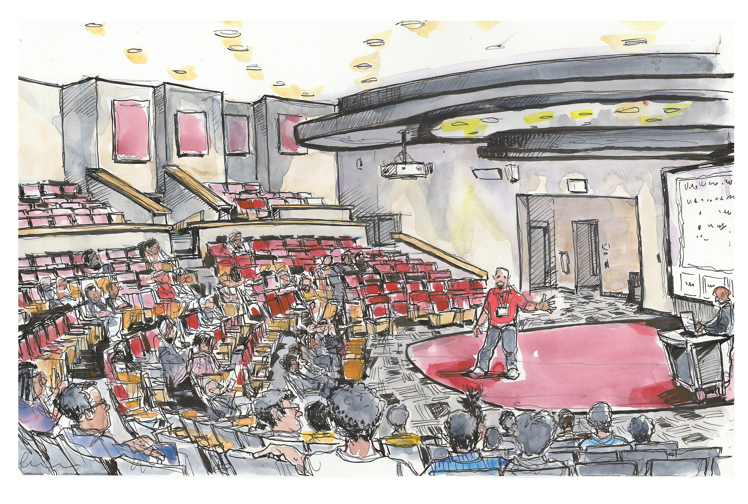 Ink and watercolor sketch of Eric Foster giving a lecture to the Uplifting Black Men Conference in Colonical Hall, Squires Student Center