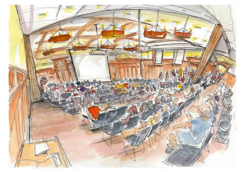 Sketch iand watercolor of the closing ceremony of the Black College Institute nside the Owens Banquet Hall 