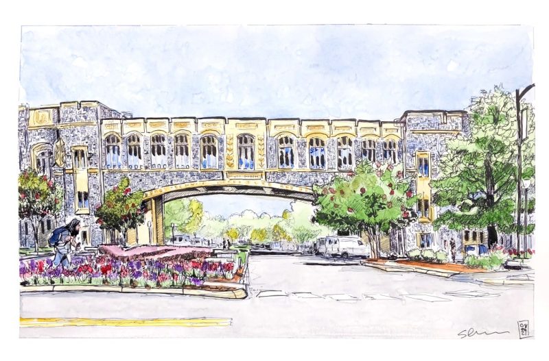 Sketchin in ink and watercolor of Torgersen Hall on the Virginia Tech campus