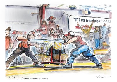 Ink and gouache sketch of two people using a cross-cut saw to race another team cutting a block of wood
