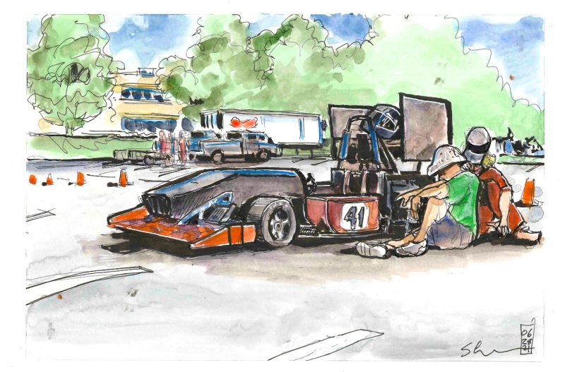 Illustration in ink and watercolor of two students working on a forumula sae motorsports car
