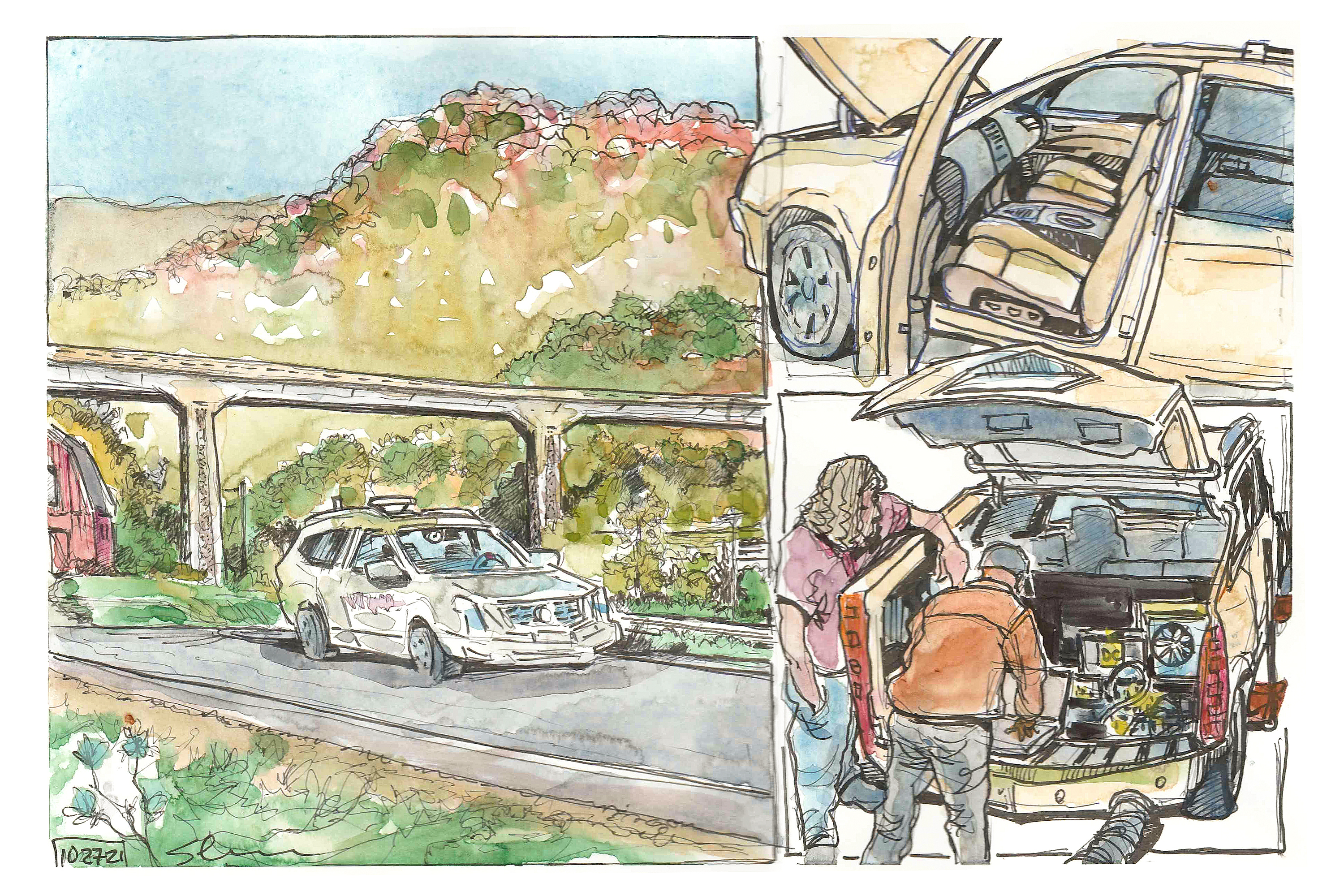Ink and watercolor sketch of VTTI's autonomous vehicle research on the rural test track