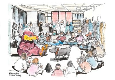 Ink and gouache sketch of a dog in a cricle of people and the HokieBird in Newman Library