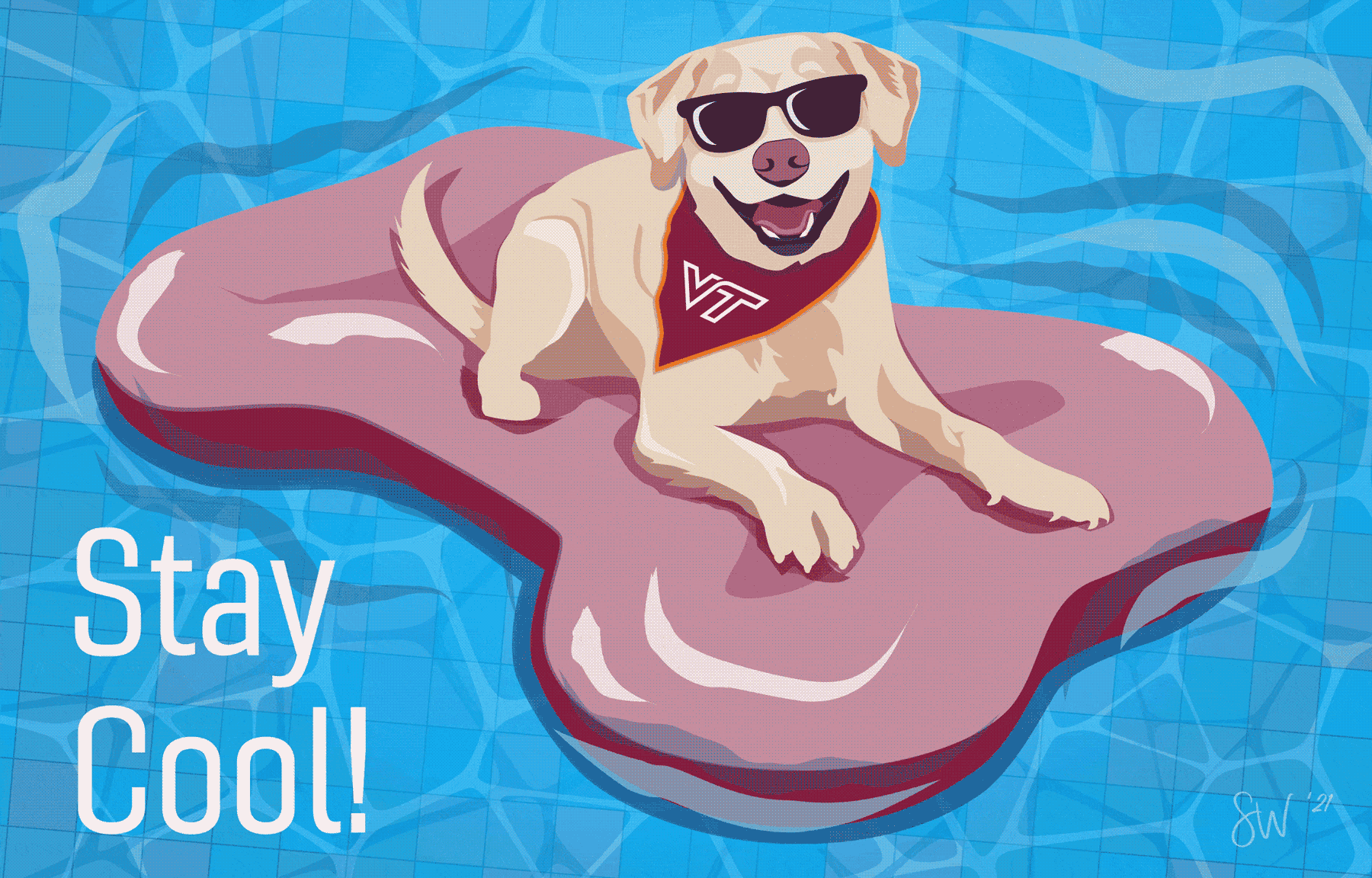Animated therapy dog on raft