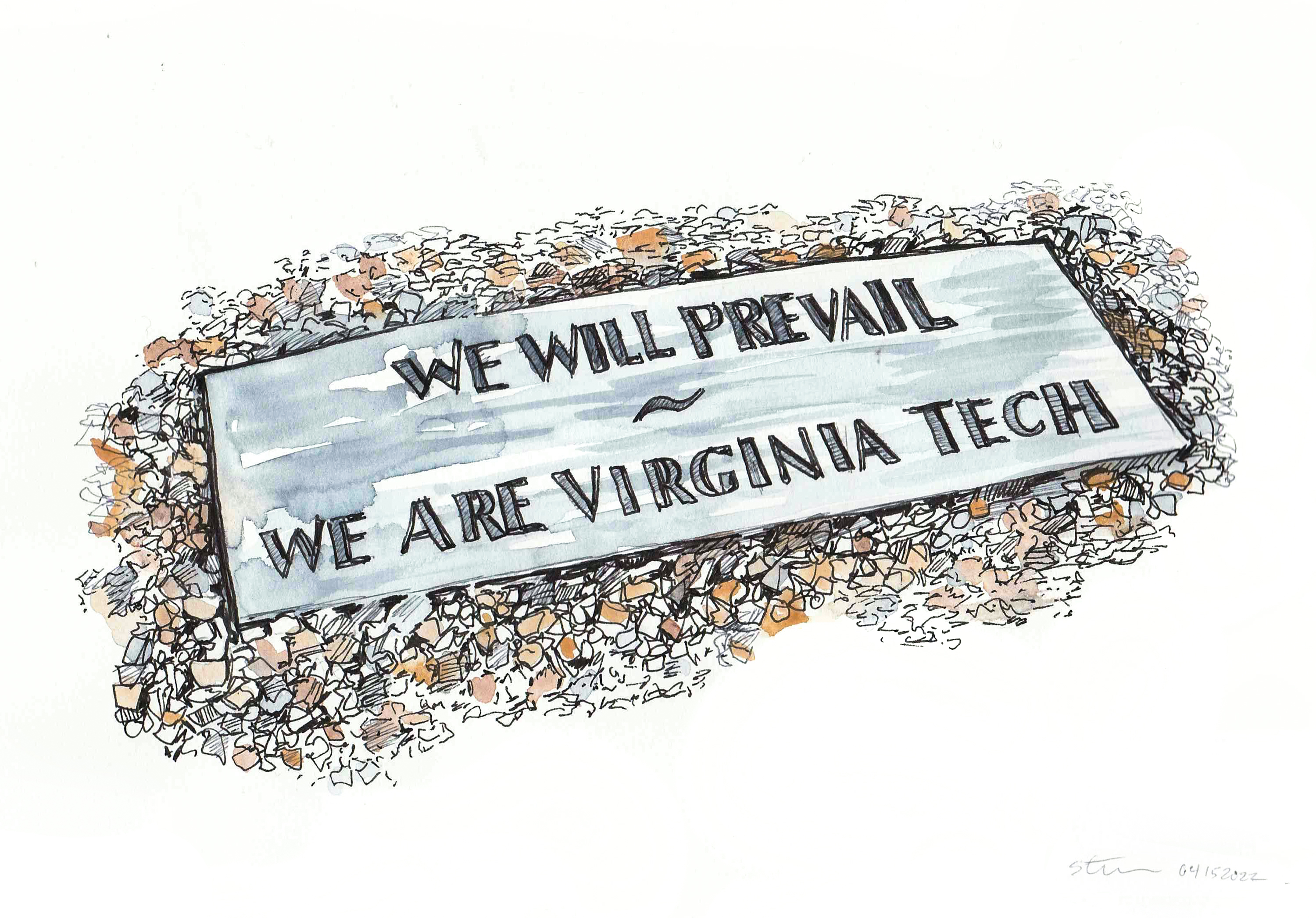 Ink and watercolor sketch of the April 16 marker that reads 'We will prevail. We are Virginia Tech."
