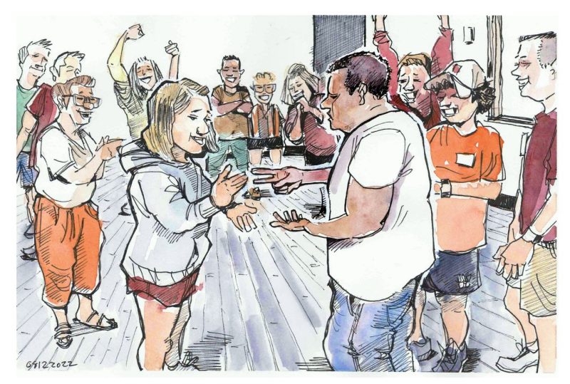 Ink and watercolor sketch of student leaders playing a rock, paper, scissors tourney as a breakout session during their two-day training. 