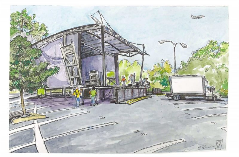 Sketch of a travel stage being set up for the 2021 Welcome Week Concert