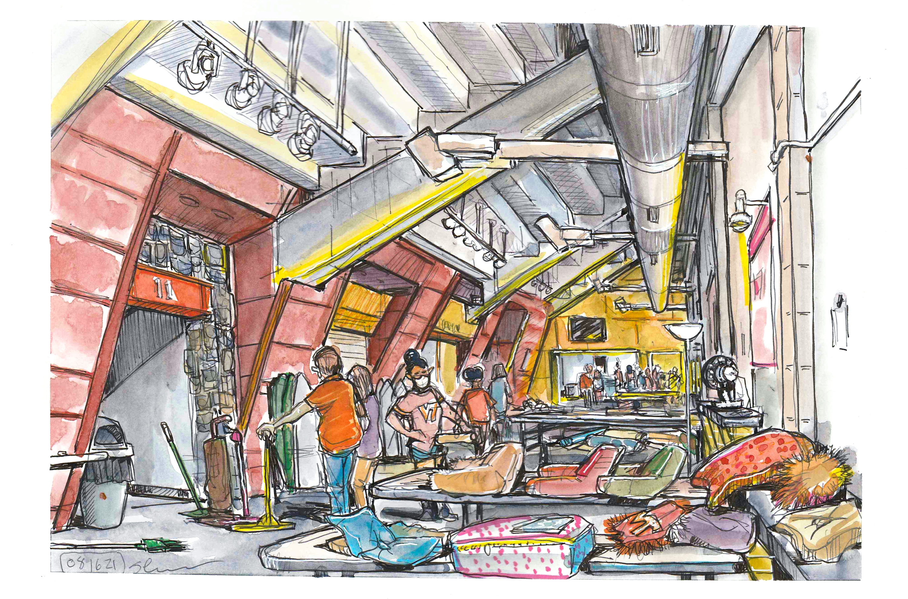 Sketch of a long hallway inside Cassell Coliseum full of thrifting items like pillows, rugs and vaccuums