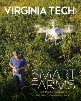 Fall 2019 magazine cover image with a drone operated by a man standing is a field