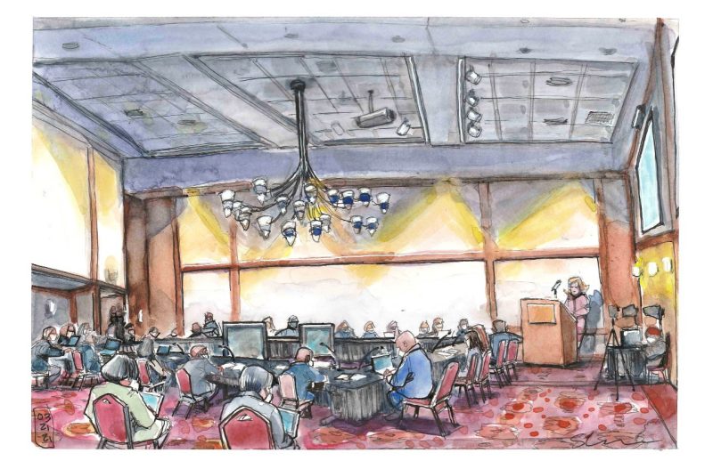 Illustration in ink and watercolor of a conference room