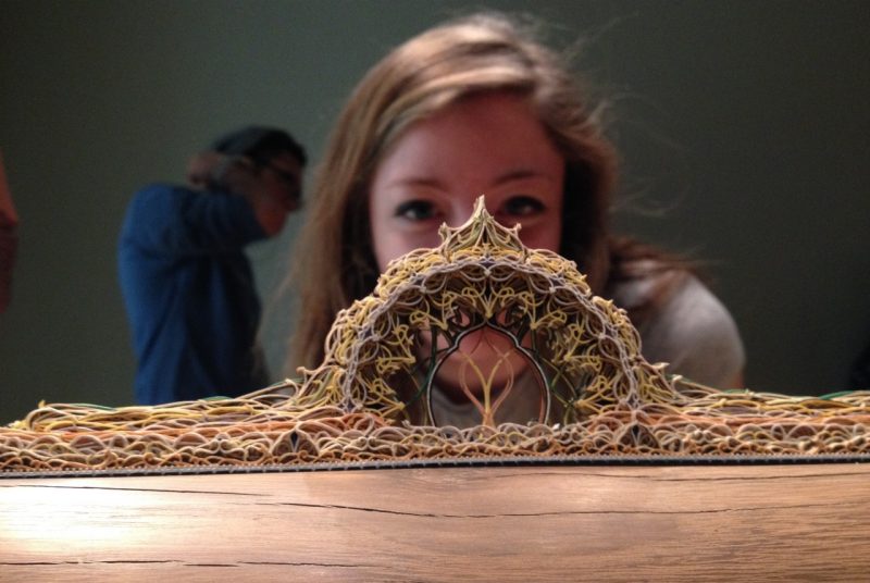 An elaborate cut paper arch lays on top of a piece of wood as a young woman looks through it from the other side. 