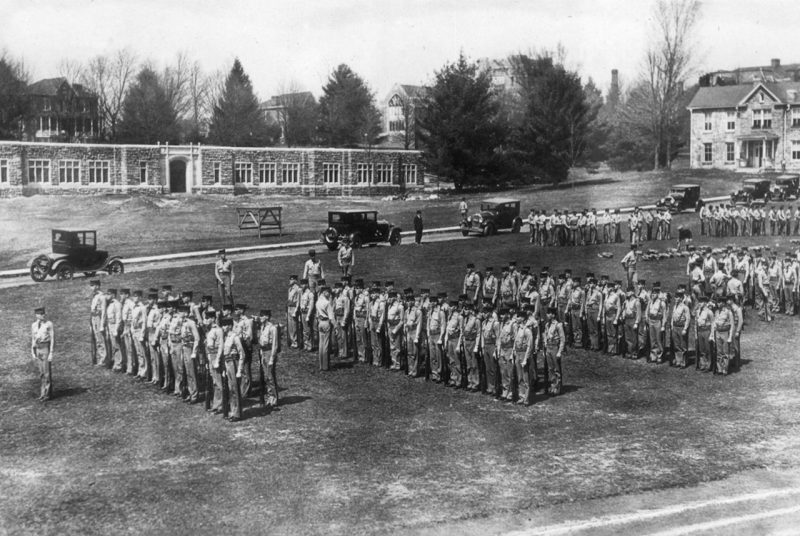 Cadets undergo inspection in front of Patton Hall in 1926, ten years after the Army Reserve Officers’ Training Corps began at Virginia Tech