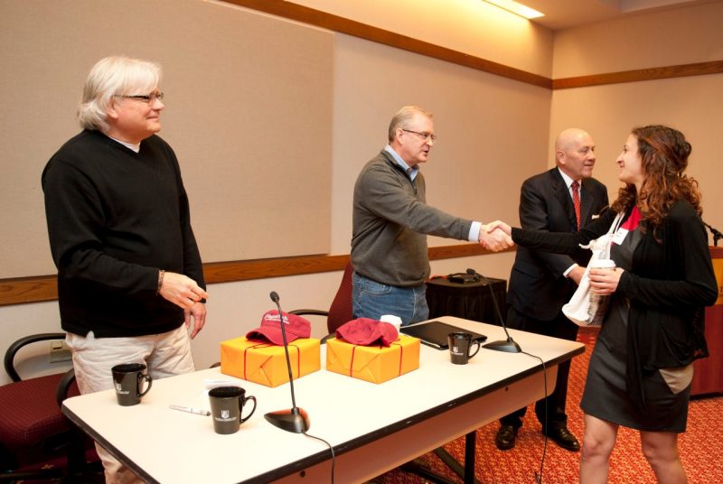 Students thank (from left) Doug Curling, Phil Bullock, and Jim Hatch after the tax forum..