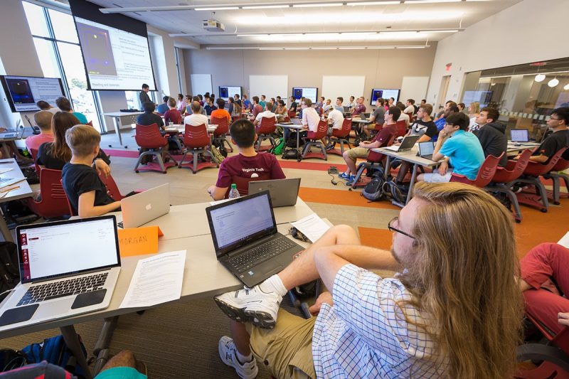 Students attend a class in the new Classroom Building. 