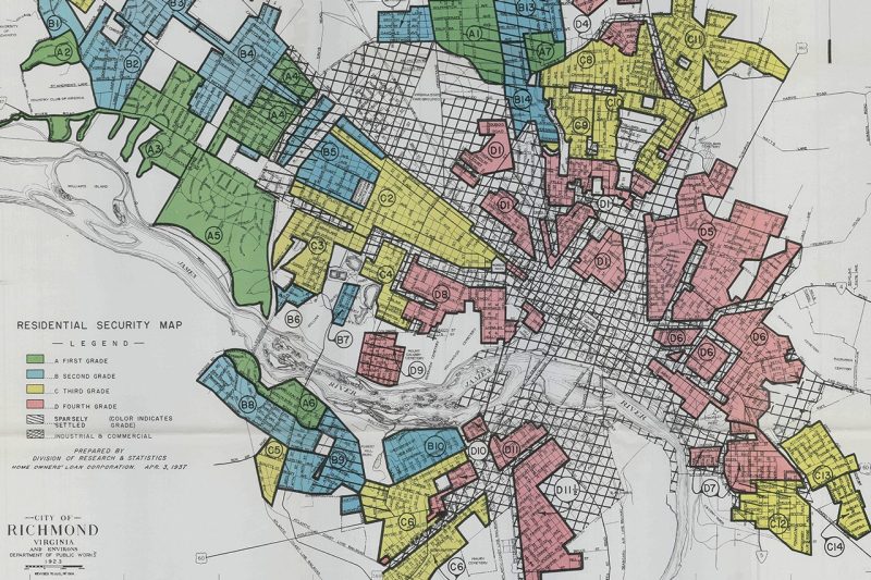 The Home Owners' Loan Corporation prepared this map of Richmond, Virginia, in 1937. The green areas were considered the top grade, followed by blue, yellow, and finally, red—areas considered hazardous.