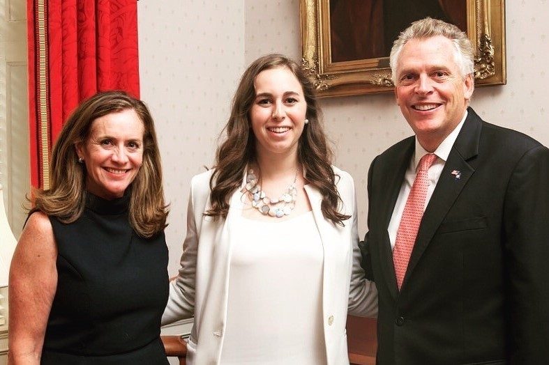 Virginia Tech’s Governor’s Fellow Sadie Gary with First Lady of the Commonwealth Dorothy McAuliffe and Terry McAuliffe, the 72nd Governor of Virginia. 
